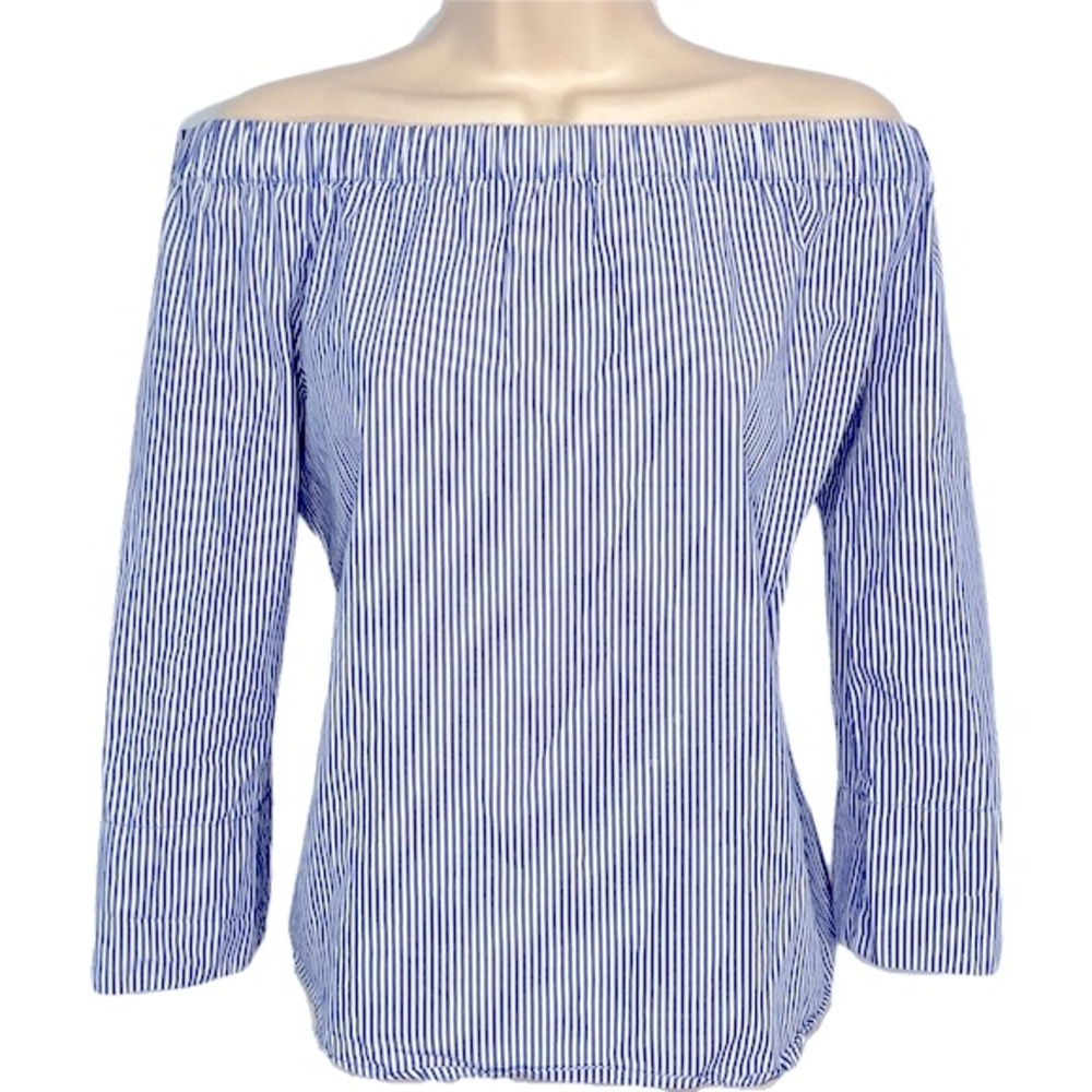 Zara Blue White Stripe Off the Shoulder Preppy Blouse Top Long Sleeve Poplin XS